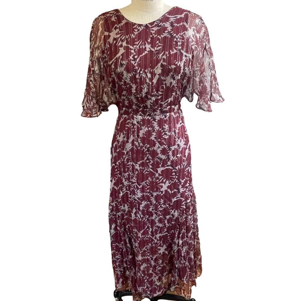 warm Paradise Red Floral Silk Midi Dress Elegant Fancy Size 1/ Small